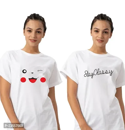 Elegant White Cotton Blend Printed Round Neck T-Shirts For Women- Pack Of 2