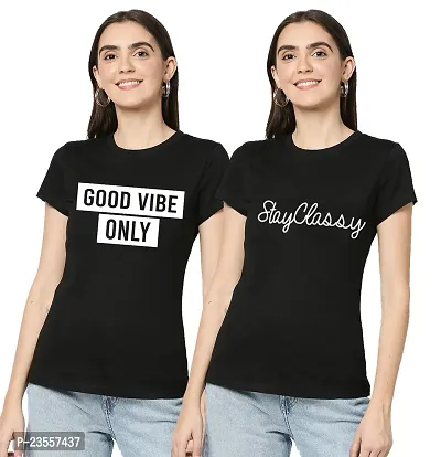 Elegant Black Cotton Blend Printed Round Neck T-Shirts For Women- Pack Of 2