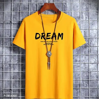 Reliable Yellow Cotton Blend Solid Round Neck Tees For Men