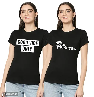 Elegant Black Cotton Blend Printed Round Neck T-Shirts For Women- Pack Of 2