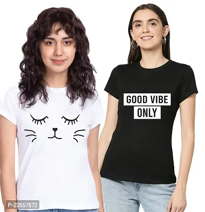 Elegant Cotton Blend Printed Round Neck T-Shirts For Women- Pack Of 2