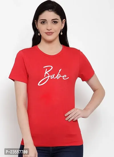 Elegant Red Cotton Blend Printed Round Neck T-Shirts For Women