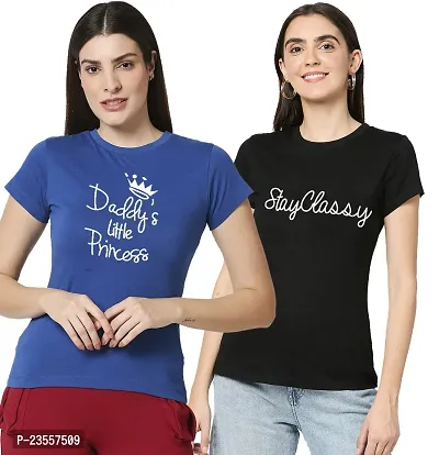 Elegant Cotton Blend Printed Round Neck T-Shirts For Women- Pack Of 2