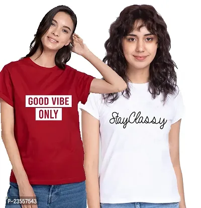 Elegant Cotton Blend Printed Round Neck T-Shirts For Women- Pack Of 2