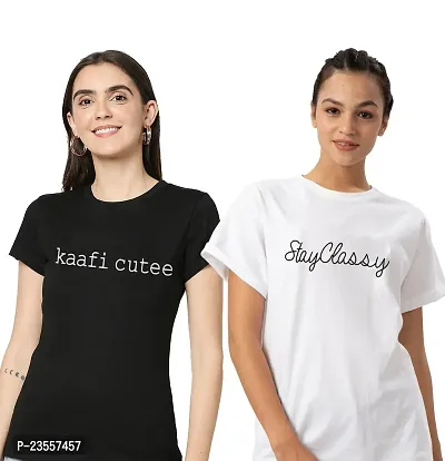 Elegant Cotton Blend Printed Round Neck T-Shirts For Women- Pack Of 2