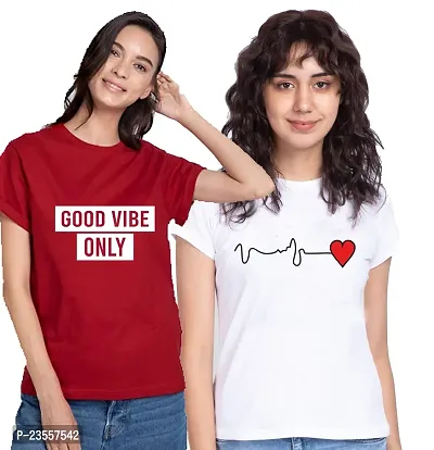 Elegant Cotton Blend Printed Round Neck T-Shirts For Women- Pack Of 2-thumb0