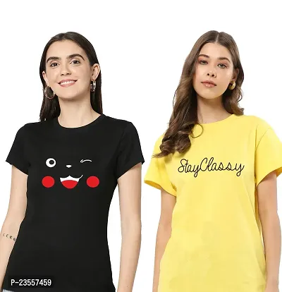 Elegant Cotton Blend Printed Round Neck T-Shirts For Women- Pack Of 2