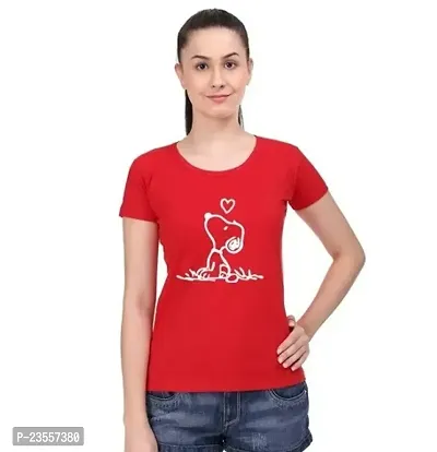 Elegant Red Cotton Blend Printed Round Neck T-Shirts For Women