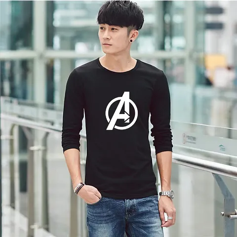 Cotton Blend Black Full-sleeve Round Neck Tees for Men