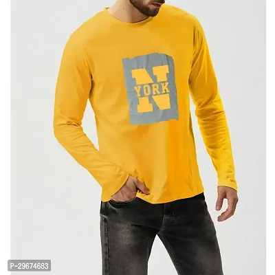 Reliable Yellow Cotton Blend Printed Round Neck Full Sleeve T Shirt For Men-thumb0