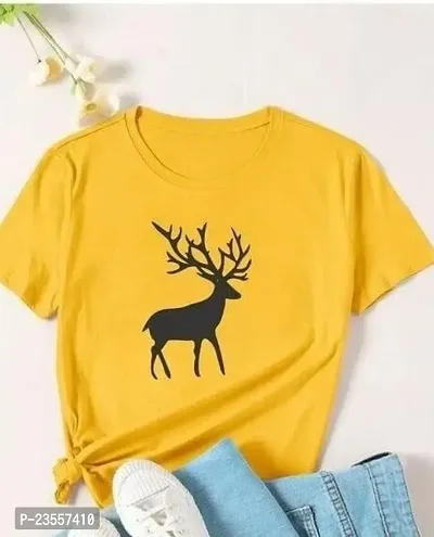 Elegant Yellow Cotton Blend Printed Round Neck T-Shirts For Women-thumb0
