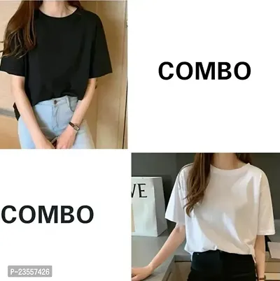 Elegant Cotton Blend Solid Round Neck T-Shirts For Women- Pack Of 2-thumb0