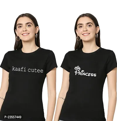 Elegant Black Cotton Blend Printed Round Neck T-Shirts For Women- Pack Of 2