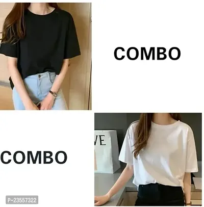 Elegant Cotton Blend Solid Round Neck T-Shirts For Women- Pack Of 2
