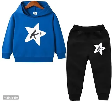 Stylish Blue Cotton Blend Hood  Top And Track Pant boys or Girls
