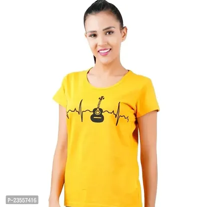 Elegant Yellow Cotton Blend Printed Round Neck T-Shirts For Women