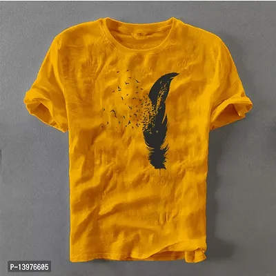 Reliable Yellow Cotton Blend Printed Round Neck Tees For Men