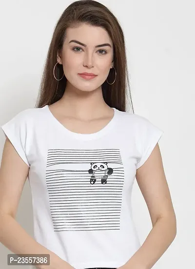 Elegant White Cotton Blend Printed Round Neck T-Shirts For Women