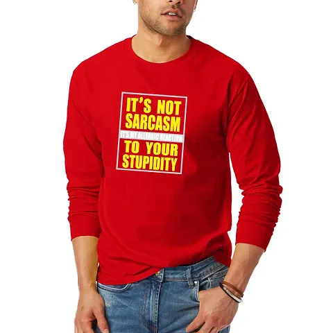 Cotton Blend Red Full-sleeve Round Neck Tees for Men