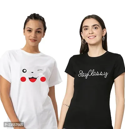 Elegant Cotton Blend Printed Round Neck T-Shirts For Women- Pack Of 2