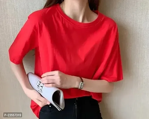 Elegant Red Cotton Blend Solid Round Neck T-Shirts For Women