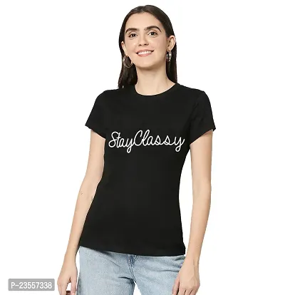 Elegant Black Cotton Blend Printed Round Neck T-Shirts For Women