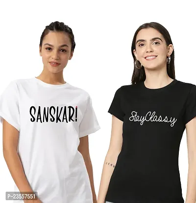 Elegant Cotton Blend Printed Round Neck T-Shirts For Women- Pack Of 2