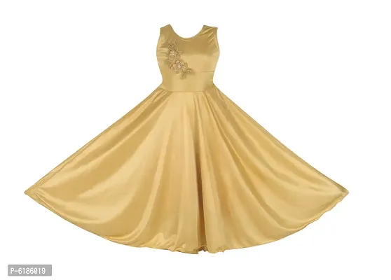 Fabulous Golden Satin Self Pattern Maxi Dress For Girls
