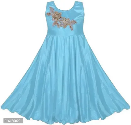 Fabulous Blue Satin Self Pattern Maxi Dress For Girls-thumb0