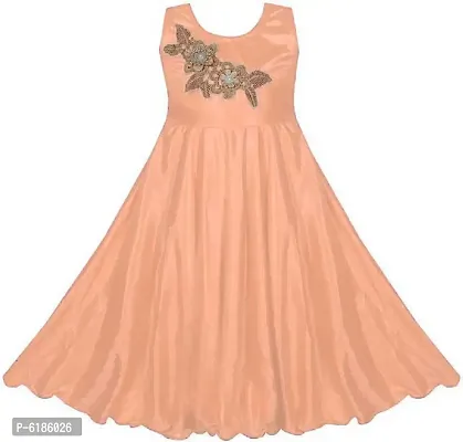Fabulous Peach Satin Self Pattern Maxi Dress For Girls