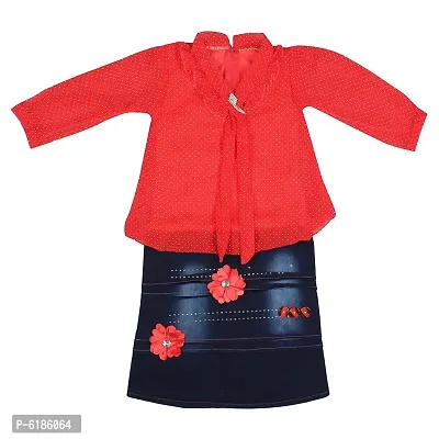 Stylish Knot Style Self Pattern Denim Top with Skirt Set For Girls