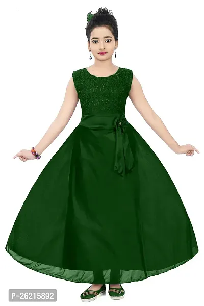 Stylish Green Satin Solid Dress For Girls-thumb0