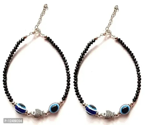Jyokrish Pair of 1 Metal Silver Fish with Glossy Black beads Blue Evil eye Chain Anklet |For Women |Girls |Nazariya| Lucky protection |Payal Charms| pack of 2