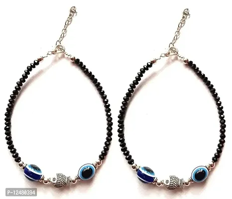 Jyokrish Pair of 1 Metal Silver Fish with Glossy Black beads Blue Evil eye Chain Anklet |For Women |Girls |Nazariya| Lucky protection |Payal Charms| pack of 2-thumb0