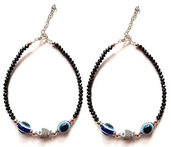 Jyokrish Pair of 1 Metal Fish with Glossy beads Evil eye Chain Anklet |For Women |Girls |Nazariya| Lucky protection |Payal Charms| pack of 2