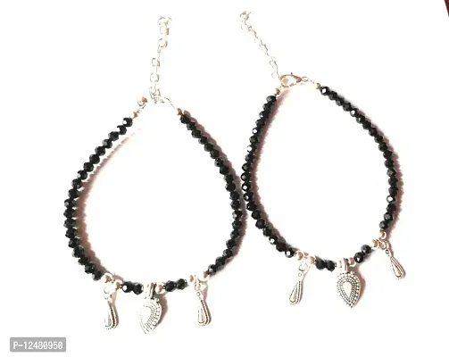 Jyokrish Pair of 1 Metal Silver Artificial hanging leaf Glossy Black beads Chain Anklet |For Women |Girls |Black Nazariya |Payal Charms| pack of 2