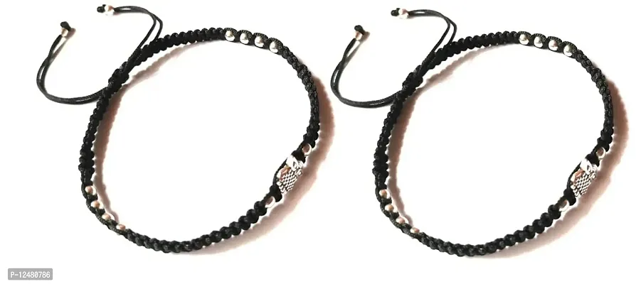 Jyokrish Handmade Adjustable Pair of 1 Black thread Metal silver Owl Anklet For Women | girls | Nazariya |Payal |Free Size |Lucky Protection| pack of 2