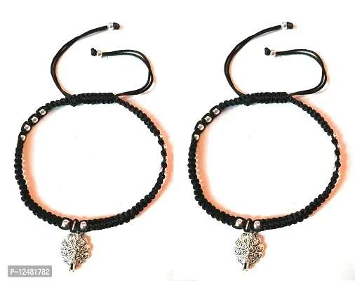 Jyokrish Handmade Adjustable Pair of 1 Black thread Metal Silver hanging Peacock Anklet |For Women |Girls |Black Nazariya |Pack of 2 |Thread Work |Payal | Free size