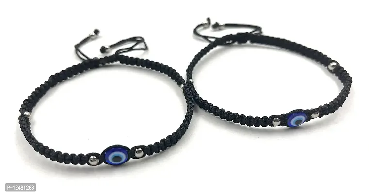 Jyokrish Handmade Adjustable Pair of 1 Black Thread Anklet 1 Blue evil eye & Metal Silver Beads For Women | girls | Nazariya |Payal | Nazar Battu |Free Size |Pack of 2