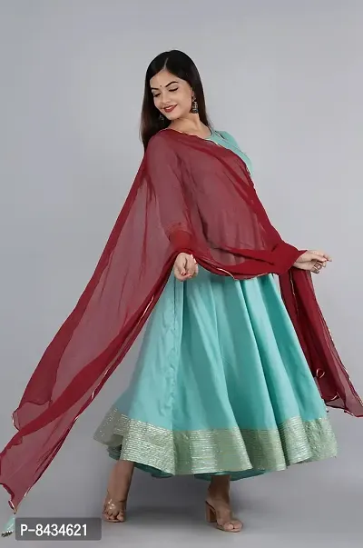 Women's Solid Rayon Lace Gota Anarkali Kurta|Anarkali Gown with Dupatta for Women & Girls-thumb5