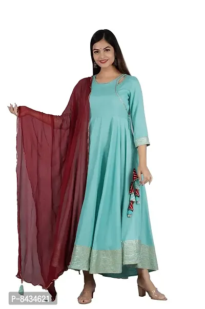 Women's Solid Rayon Lace Gota Anarkali Kurta|Anarkali Gown with Dupatta for Women & Girls-thumb0