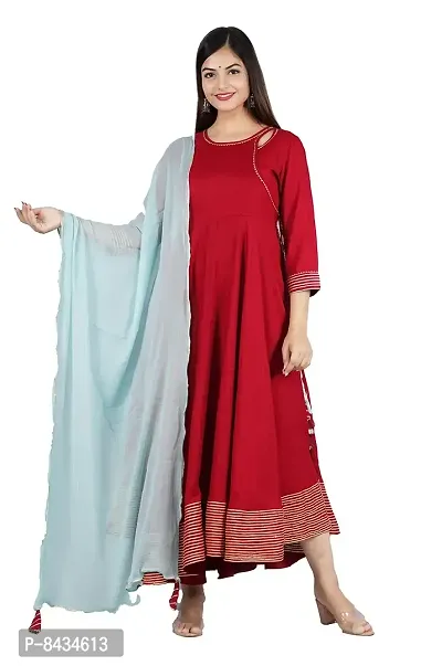 Women's Solid Rayon Lace Gota Anarkali Kurta|Anarkali Gown with Dupatta for Women & Girls