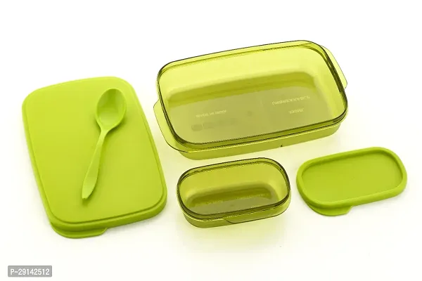 Unbreakable Divine Lunch Box Set Food Grade Plastic BPA-Free Storage Tiffin 590ML with 120ML Dip Container  Spoon for Kids School and Adults Office Travel Use Reusable (Green)-thumb2