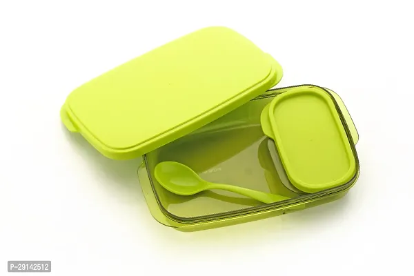 Unbreakable Divine Lunch Box Set Food Grade Plastic BPA-Free Storage Tiffin 590ML with 120ML Dip Container  Spoon for Kids School and Adults Office Travel Use Reusable (Green)-thumb0