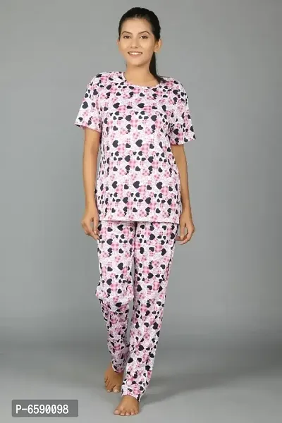 Women Printed Pink heart Top and Pyjama Set