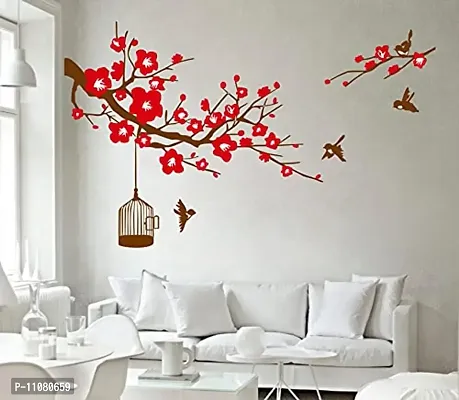 Akki World? Red Flower Tree Wall Sticker for Decorative Wall Sticker for Living Room , Bed Room, Kide Room