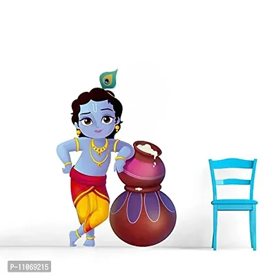 Akki World? Krishna Ji with Makhan Matki Left Side Wall Sticker for Bedroom, Multicolor