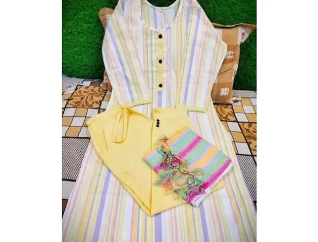 Stylish Cotton Self Pattern Kurta Bottom Dupatta Set