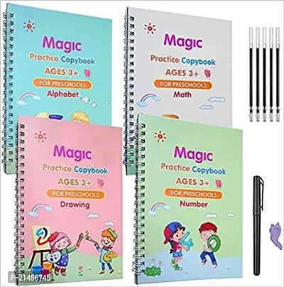 Sank Magic Practice Copybook, (4 BOOK + 10 REFILL+ 2 Pen +2 Grip) Number Tracing Book for Preschoolers with Pen, Magic Calligraphy Copybook Set Practical Reusable Writing Tool Simple Hand Lettering-thumb0