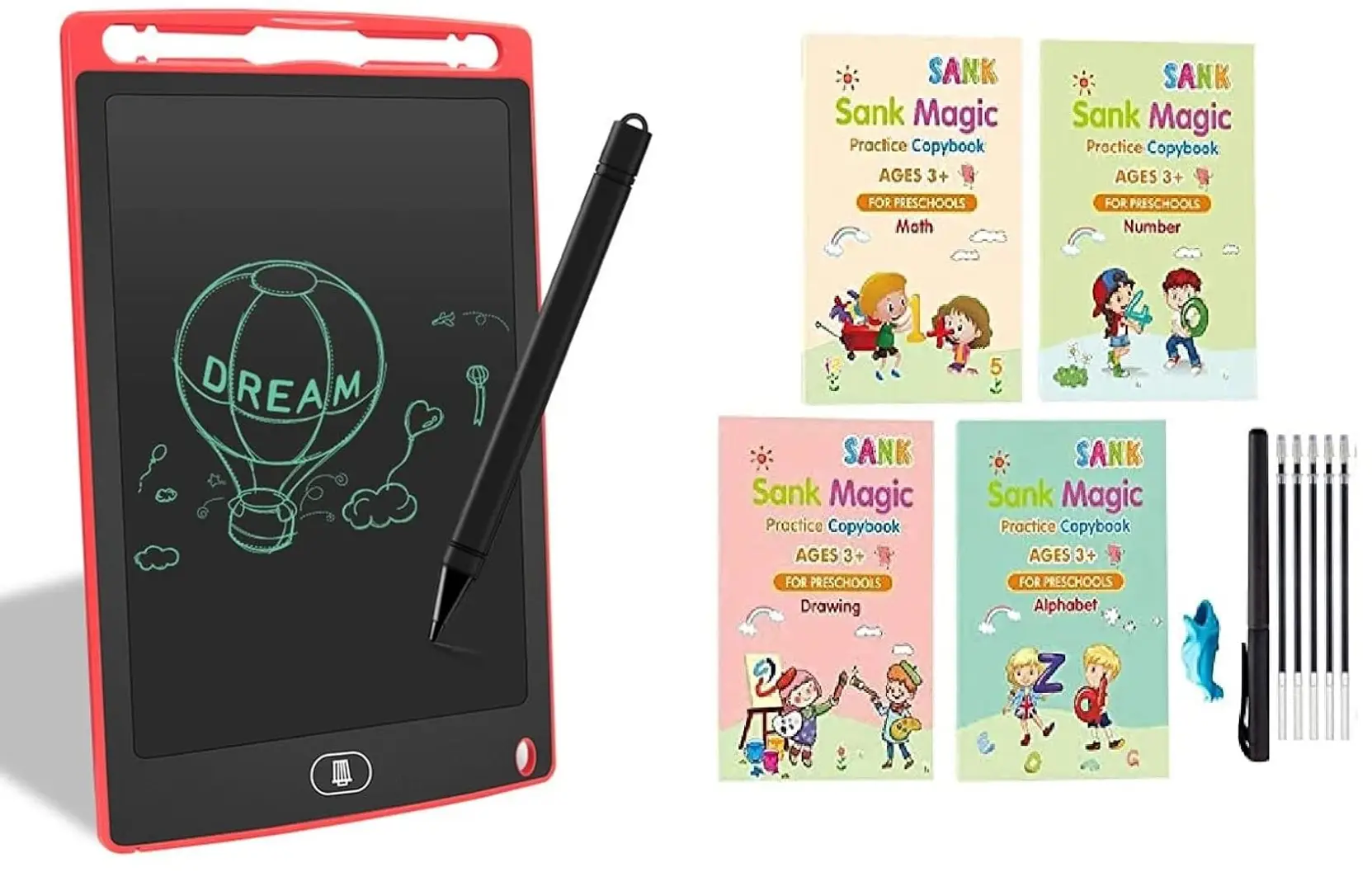 Buy KAVARI ENTERPRISE-Magic Practice Groove Copybook (4 Books,10 Refill),  Number Tracing Book + Writing pad Drawing Tablet Tab with Pen Electronic  LCD Kids Slate 8.5 inches Screen - Random Color